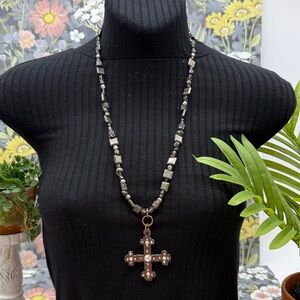 ⭐️Adorned Crown Jewelry assemblage cross pyrite pearl quartz silver necklace